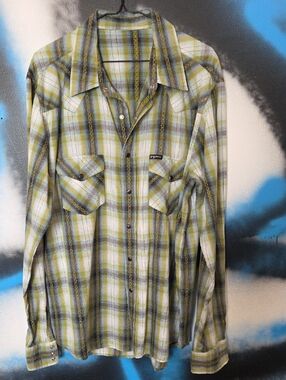 Vintage Green & White Plaid Western Snap Button-Up Shirt